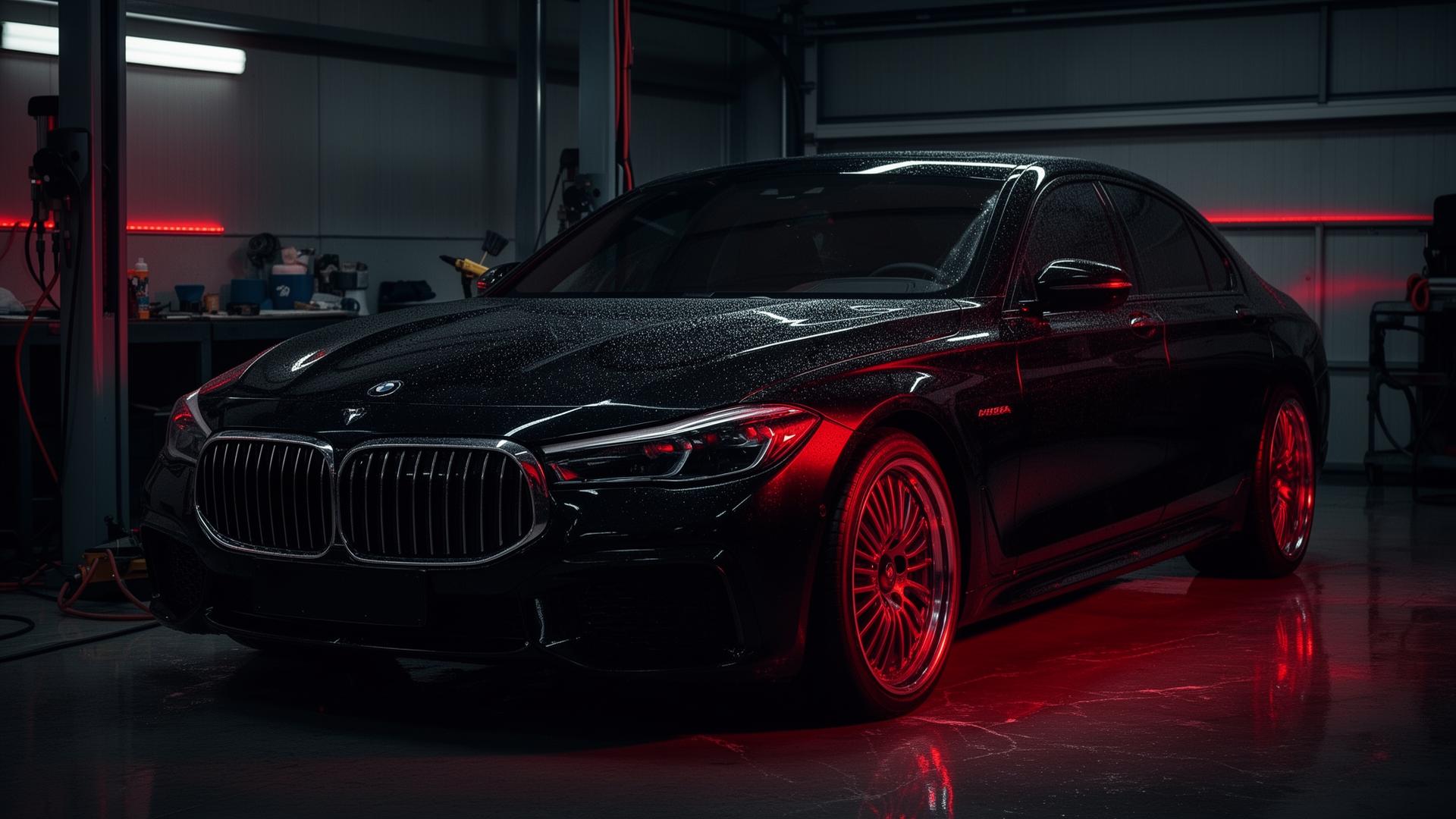 Detailed black luxury car under red garage lighting